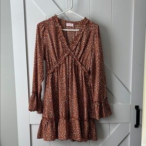 Pink Lily Burnt Orange/Brown Floral Long Sleeve Dress
